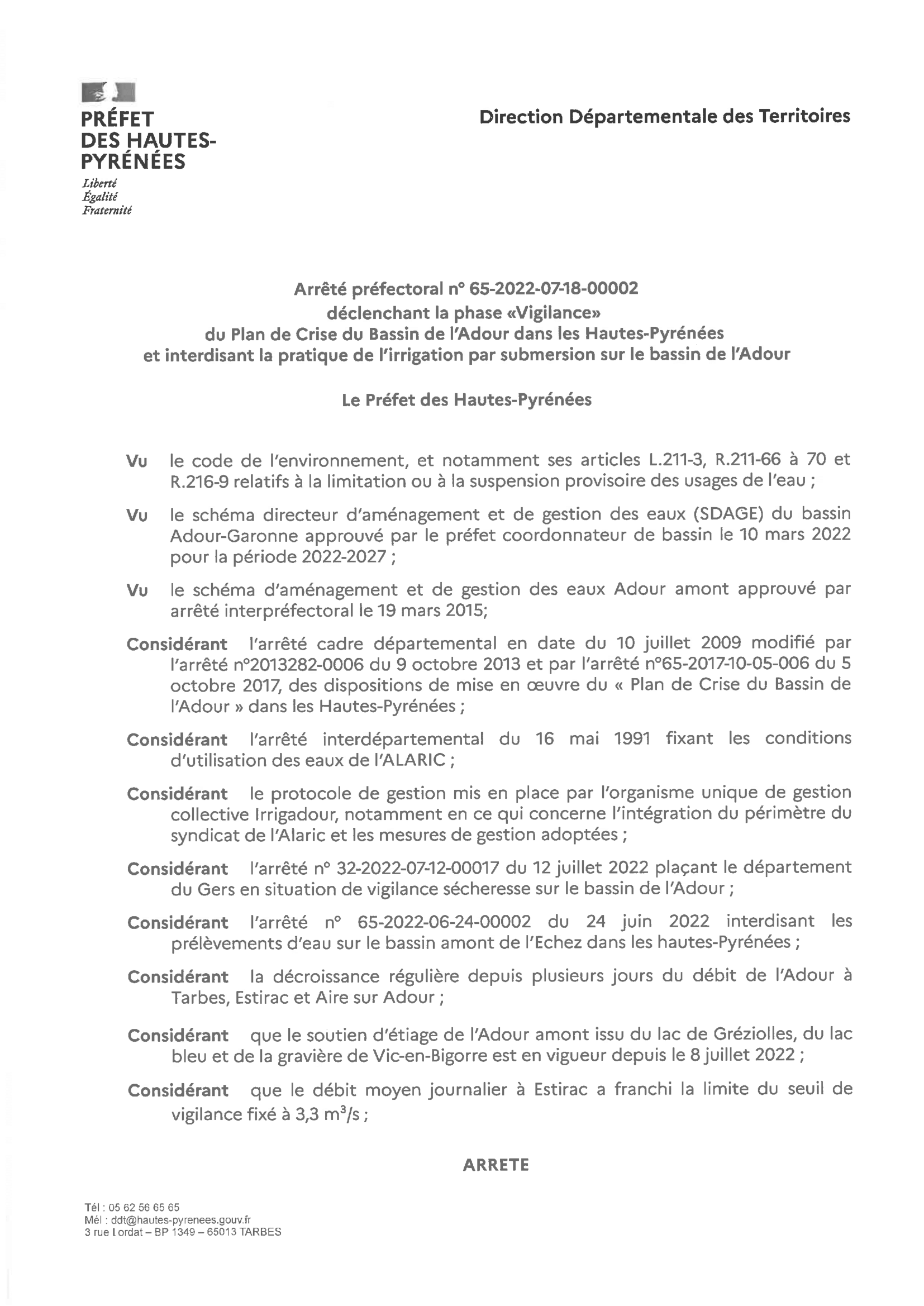 arrête préfectoral juillet 2022