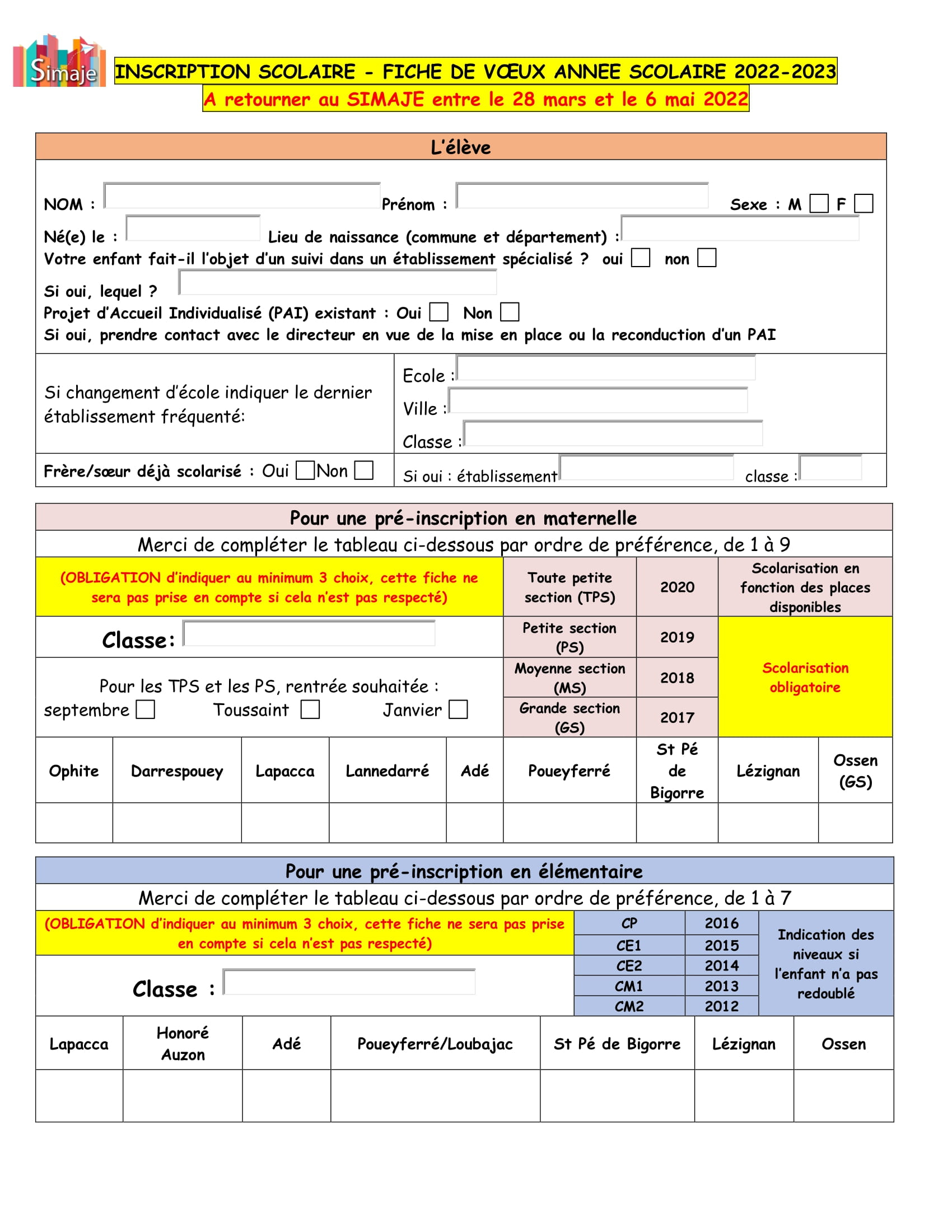 FICHE DE VŒUX INSCRIPTION SCOLAIRE 2022-2023