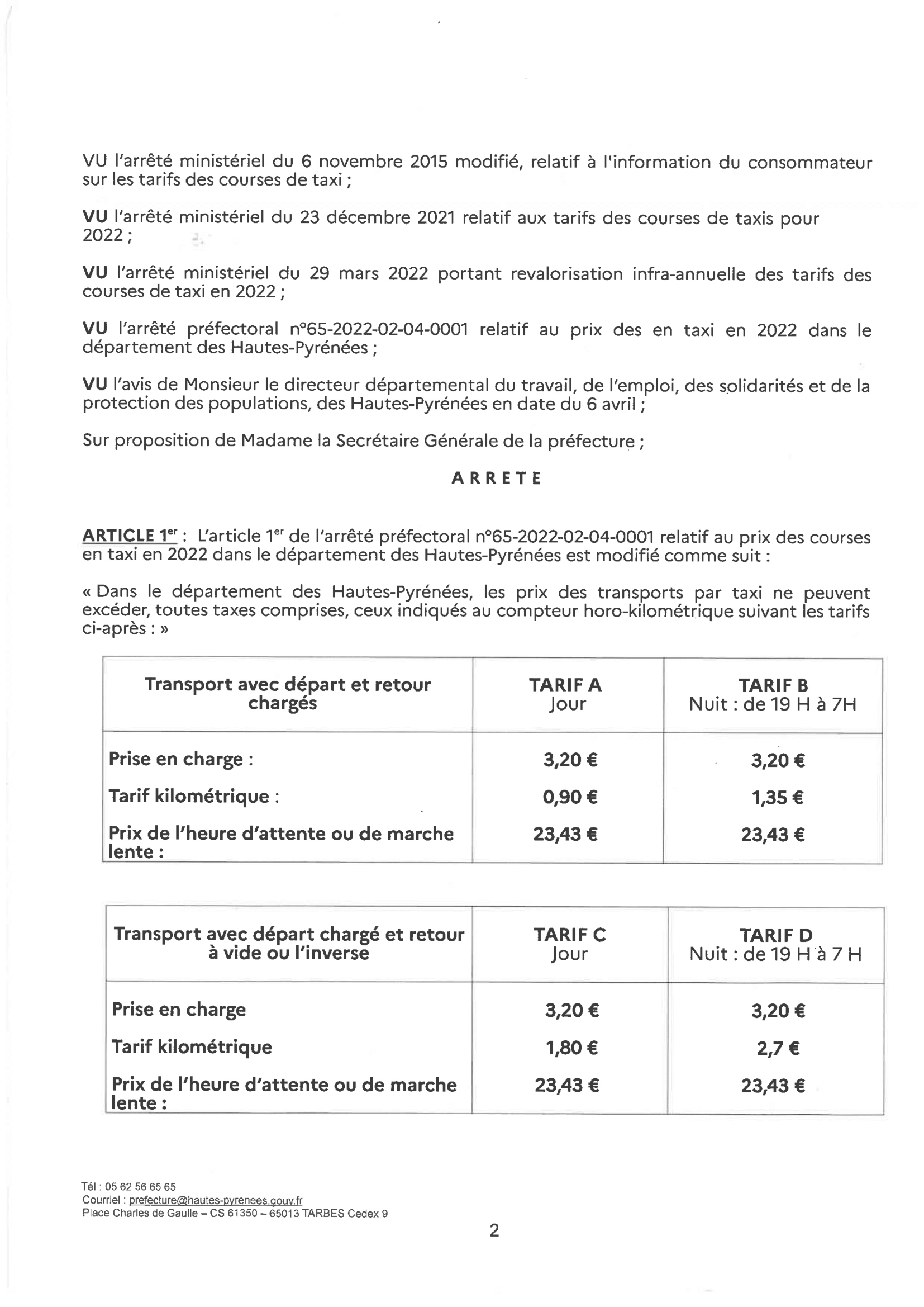 arrêté préfectoral relatif aux tarifs de courses de taxis dans les Hautes-Pyrénées