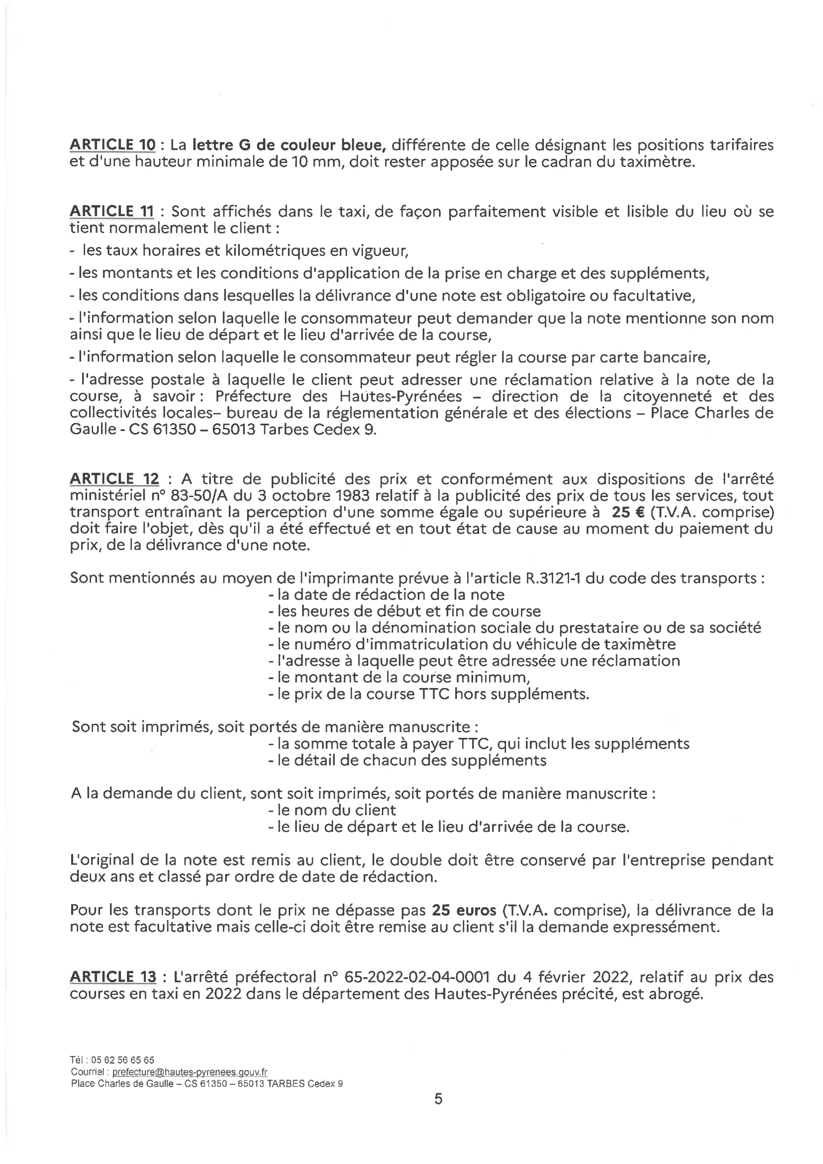 arrêté préfectoral relatif aux tarifs de courses de taxis dans les Hautes-Pyrénées5