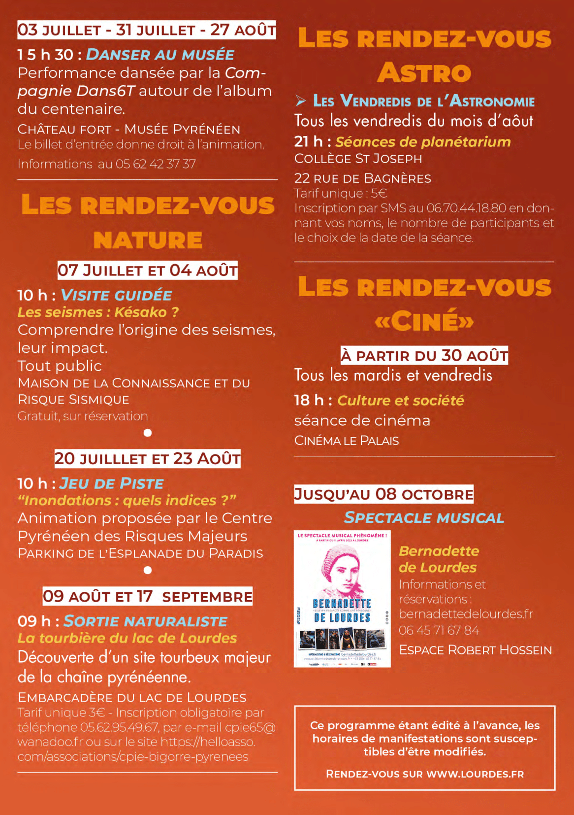 programme  estival Lourdes 2022