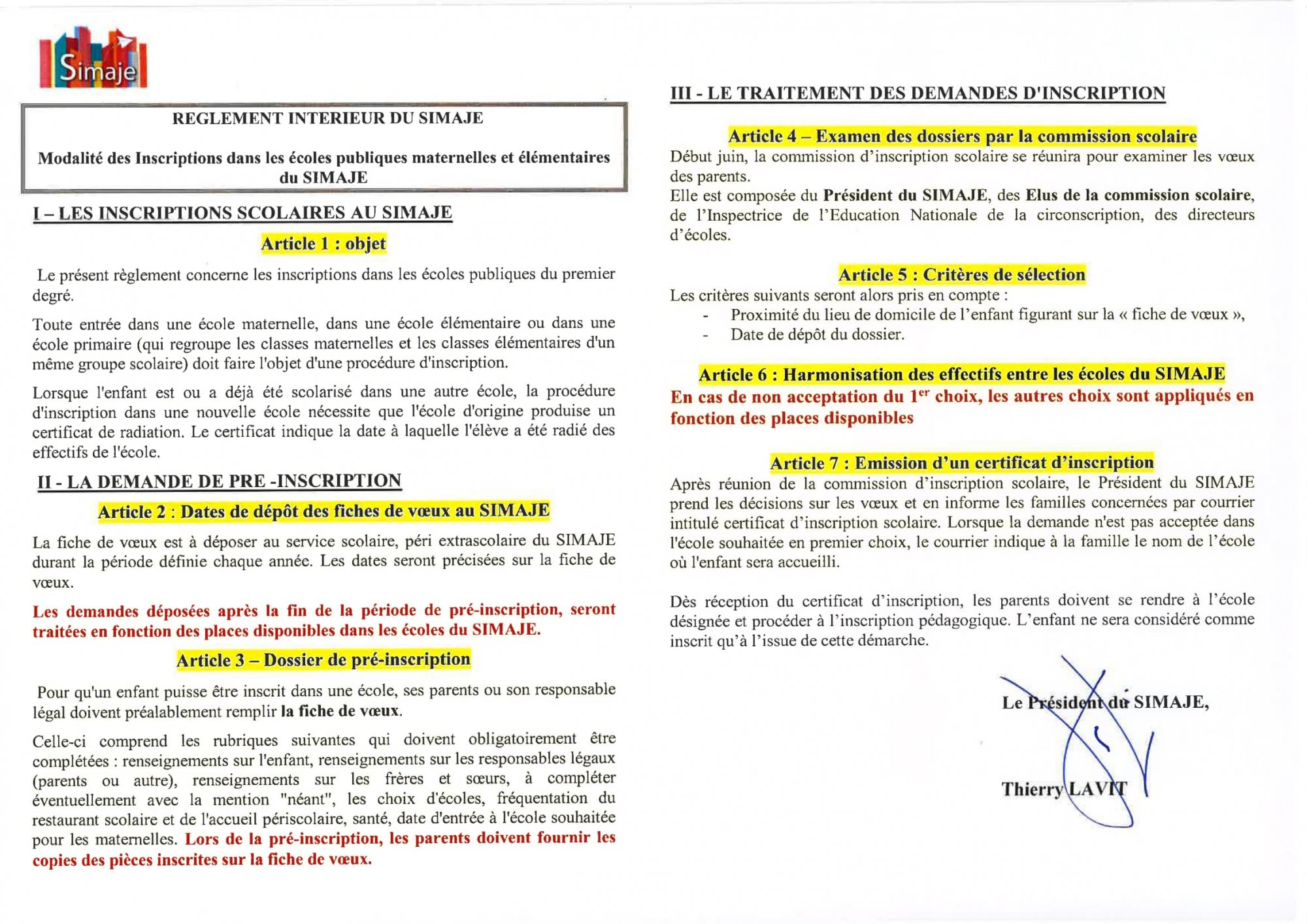 RÉGLEMENT SCOLAIRE SIMAJE 